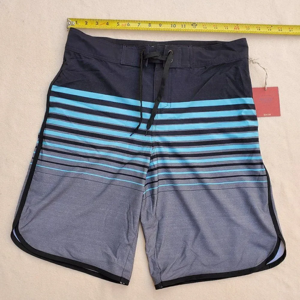 Mossimo black, teal, and gray striped board shorts